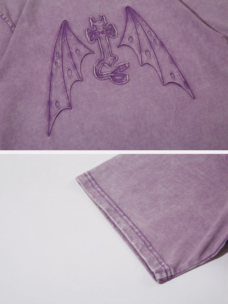 T Shirts Aelfric Eden Applique Embroidery Devil Element Washed Tee Violette | DXP-46314086